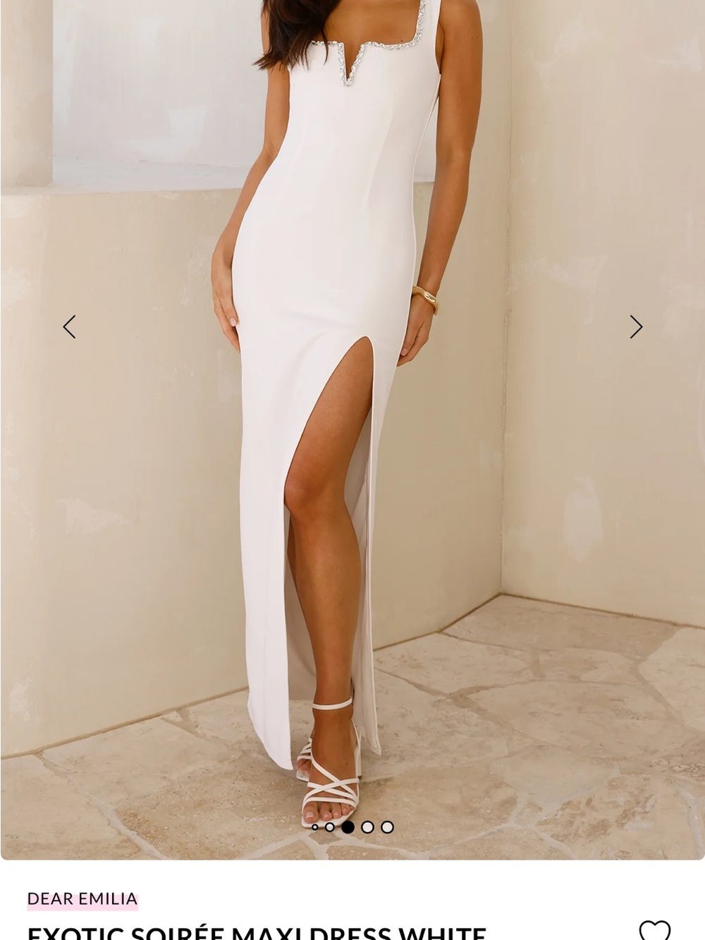 Hello Molly White Maxi Dress with Side Thigh Slit and Embellished Neckline
